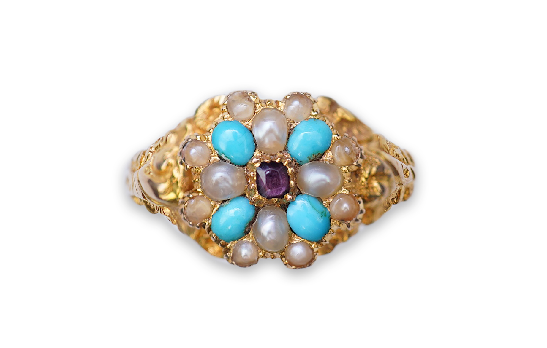 A late Georgian garnet, pearl and turquoise ring, circa 1830